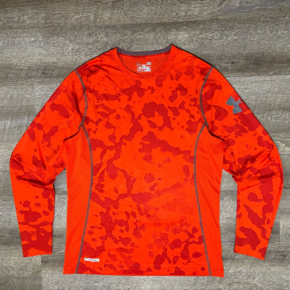 Under Armour Heat Gear Fitted Compression Shirt Men's L Orange AOP Long Sleeve